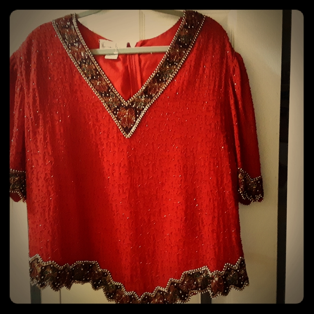 Vintage cherry red beaded blouse